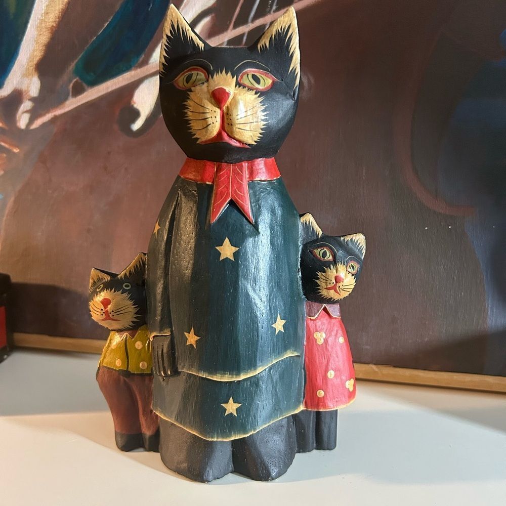 Vintage Handcrafted 9" Wooden Cat Figurine - Black, Red, Green Indonesia